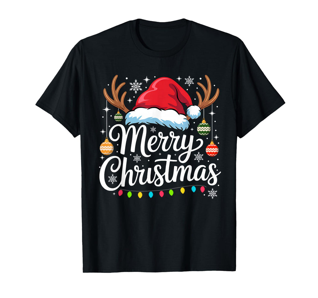 Merry Balls Lights Reindeer Santa Hat T-Shirt - Unique Graphic Men Women - T-Shirt, Sweatshirt, Hoodie