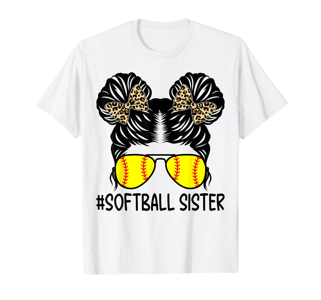 Softball Sister Leopard Messy Bun T-Shirt - Minimalist Print Unisex - T-Shirt, Sweatshirt, Hoodie