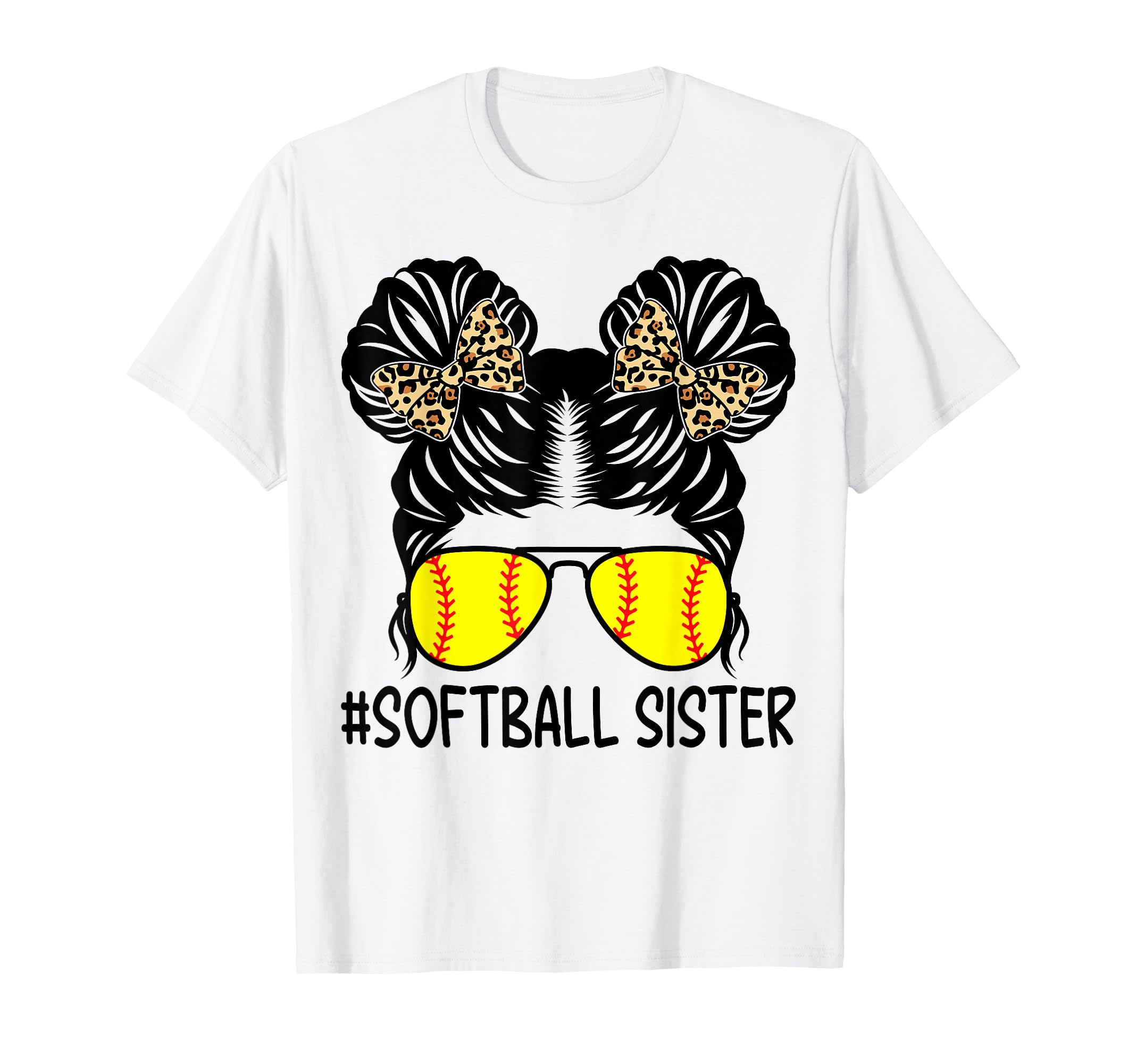 Softball Sister Leopard Messy Bun T-Shirt - Minimalist Print Unisex - T-Shirt, Sweatshirt, Hoodie