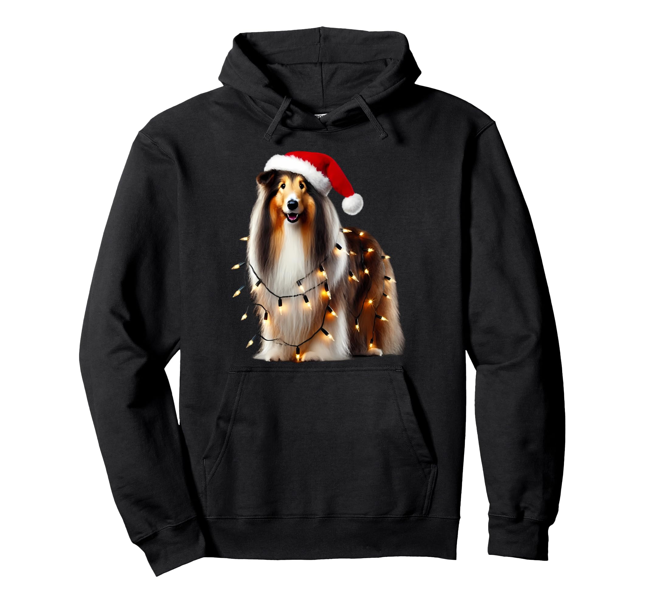 Bearded Collie Dog Santa Hat Lights Owner Hoodie - Trendy Graphic Unisex - T-Shirt, Sweatshirt, Hoodie