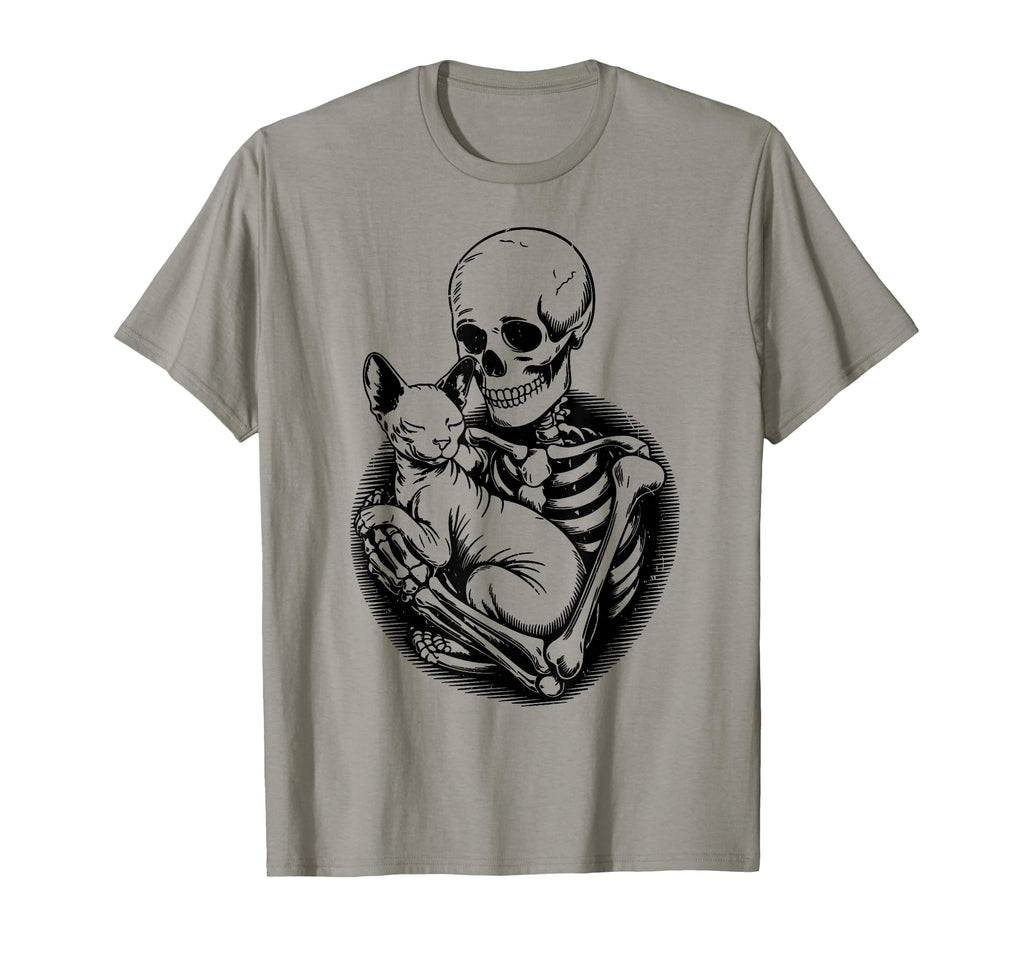 Skeleton Hugging Sphynx Cat Halloween T-Shirt - Aesthetic Graphic Unisex - T-Shirt, Sweatshirt, Hoodie