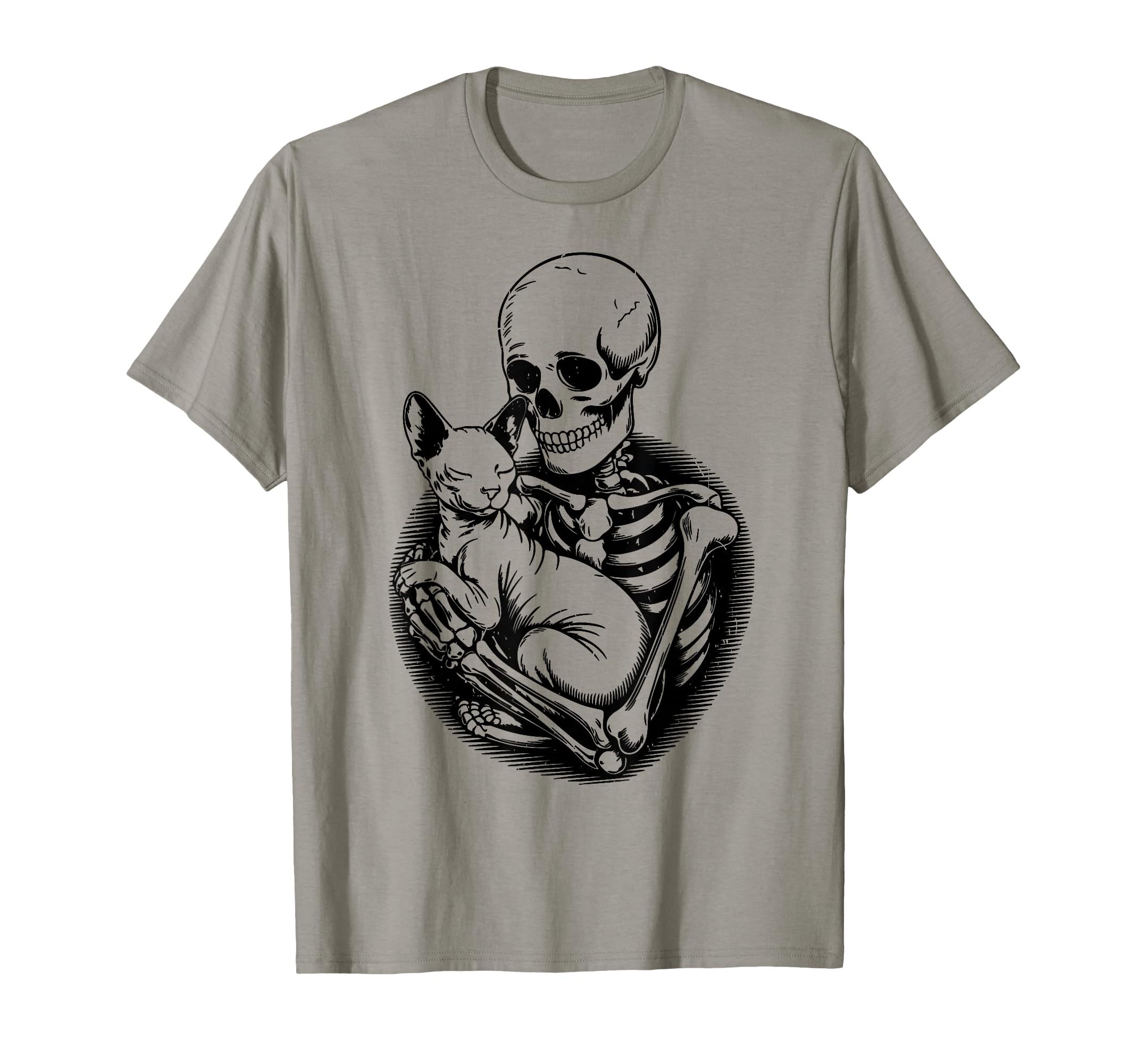 Skeleton Hugging Sphynx Cat Halloween T-Shirt - Aesthetic Graphic Unisex - T-Shirt, Sweatshirt, Hoodie
