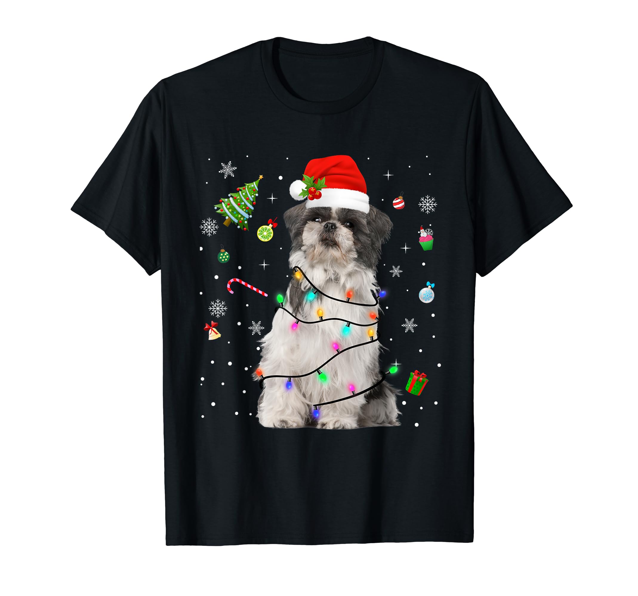 Shih Tzu Dog Lights Santa Hat Dog T-Shirt - Casual Everyday Wear Unisex - T-Shirt, Sweatshirt, Hoodie