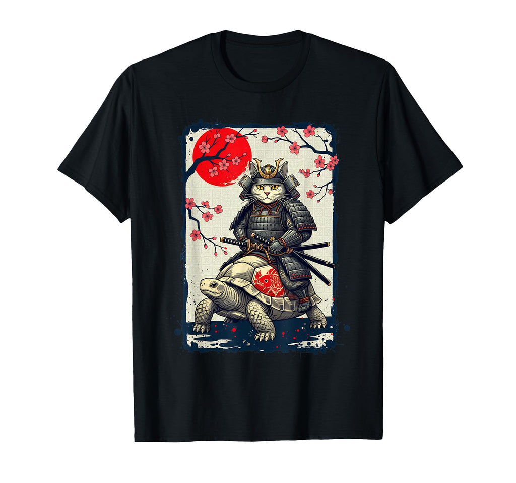 Samurai Cat Riding Turtle Japanese Cat T-Shirt - Custom Art Print Unisex - T-Shirt, Sweatshirt, Hoodie