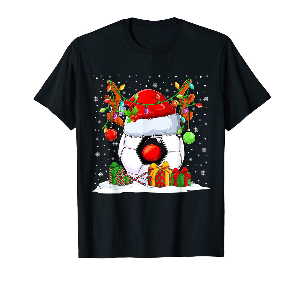 Funny Soccer Reindeer Santa Hat Tree T-Shirt - Casual Everyday Wear Unisex - T-Shirt, Sweatshirt, Hoodie