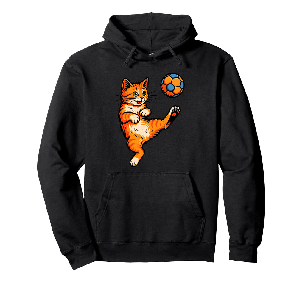 Funny Orange Cat Playing Soccer Hoodie - Custom Art Print for Adults - T-Shirt, Sweatshirt, Hoodie