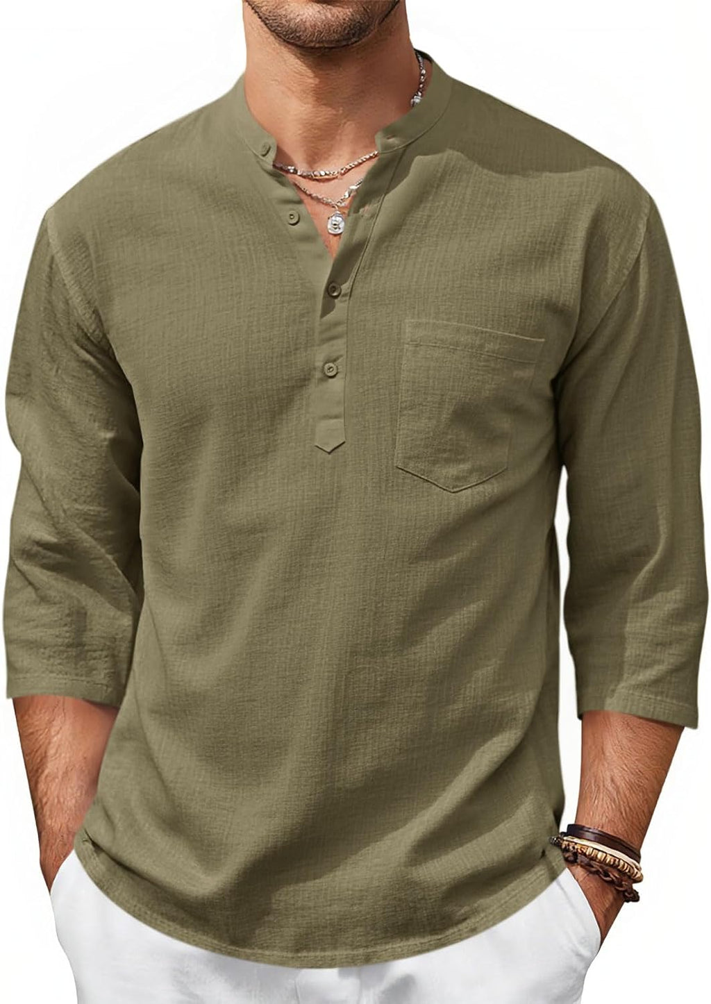 Mens Casual Henley 3/4 Sleeve Band Collar Cotton - Adult & Kids T-Shirts, Sweatshirts & Hoodies apparel design preview 1