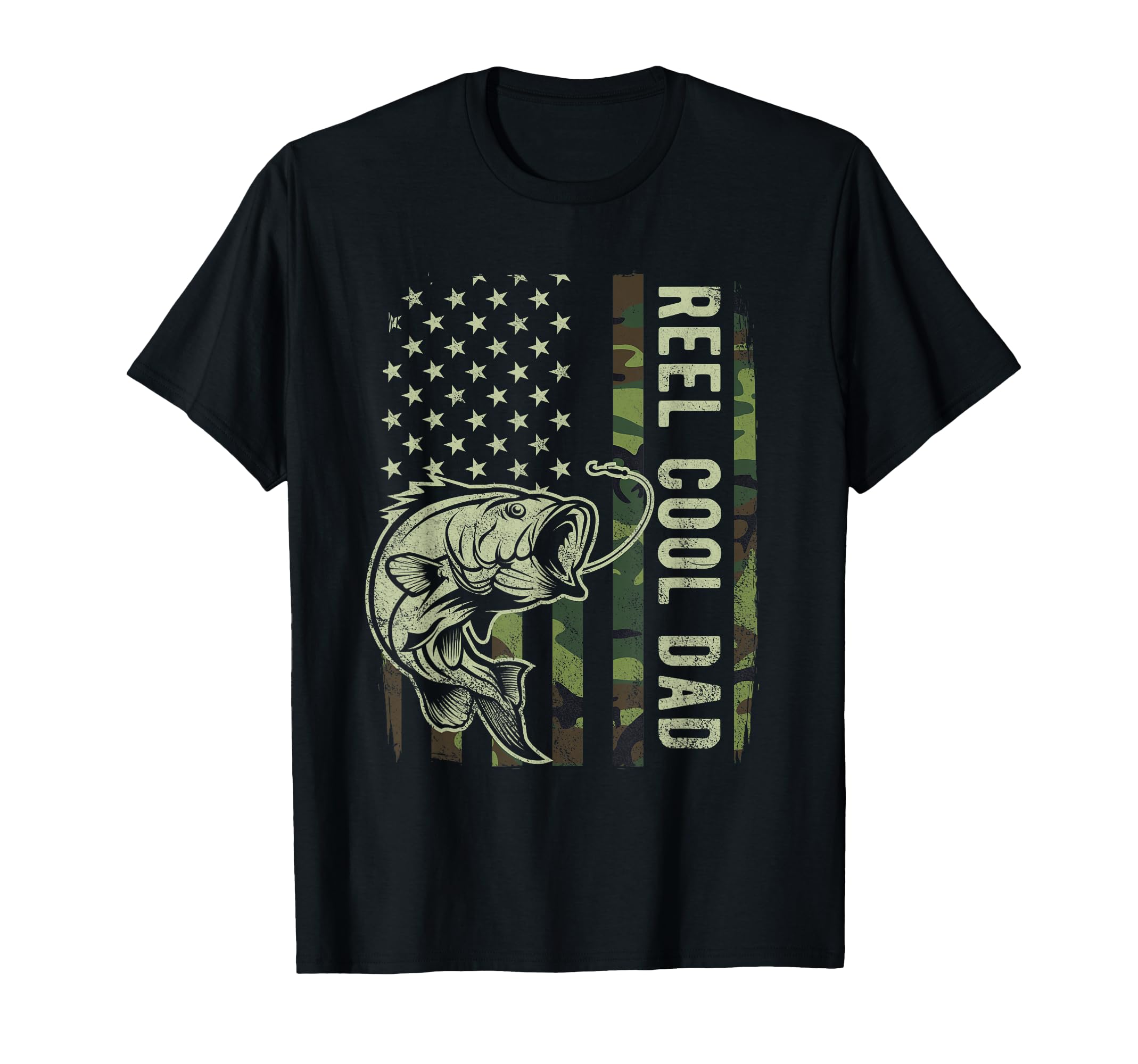 Reel Dad Camouflage American Flag Bass T-Shirt - Minimalist Print Unisex - T-Shirt, Sweatshirt, Hoodie