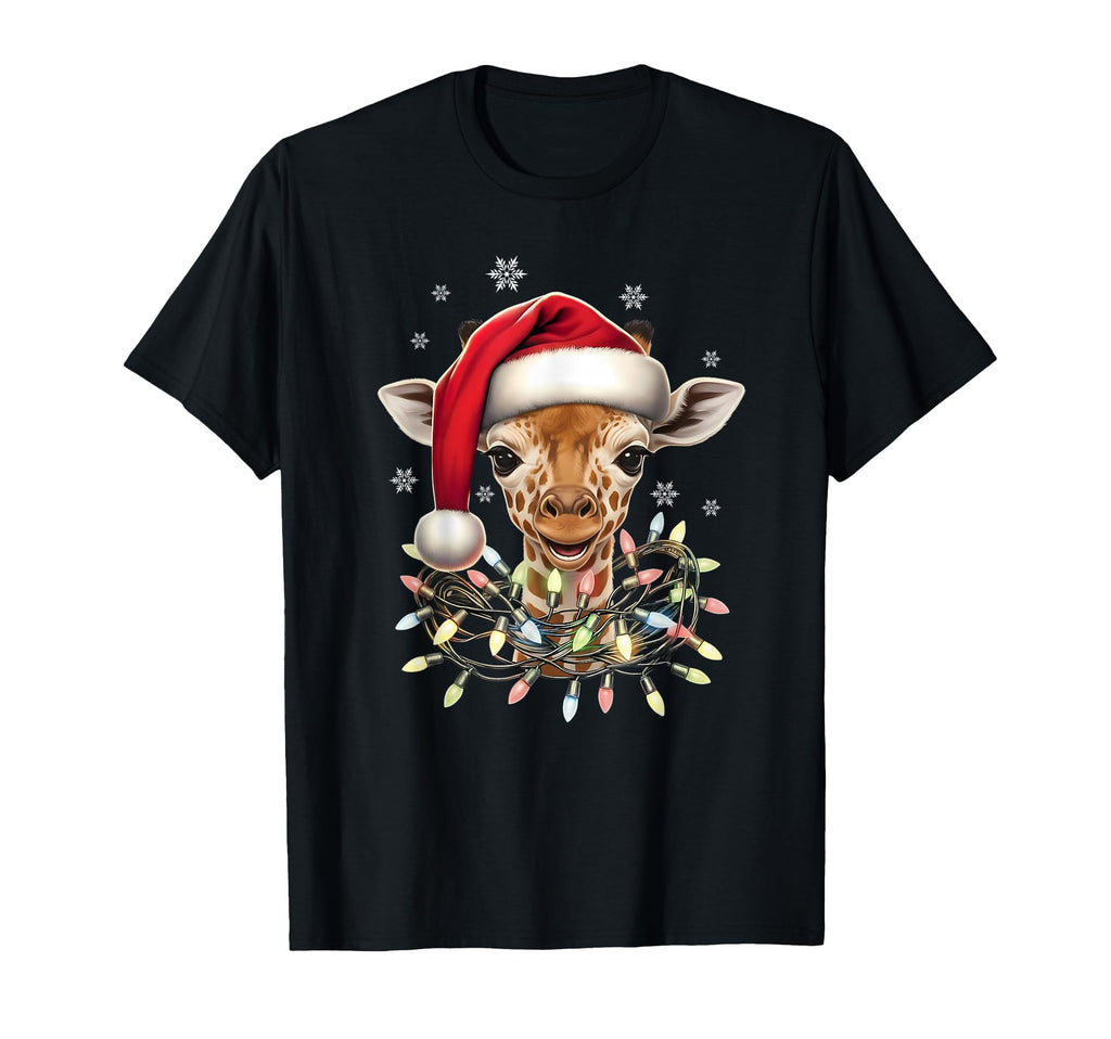 Giraffe Santa Hat Light Tree Animal Pajama T-Shirt - Trendy Graphic Unisex - T-Shirt, Sweatshirt, Hoodie