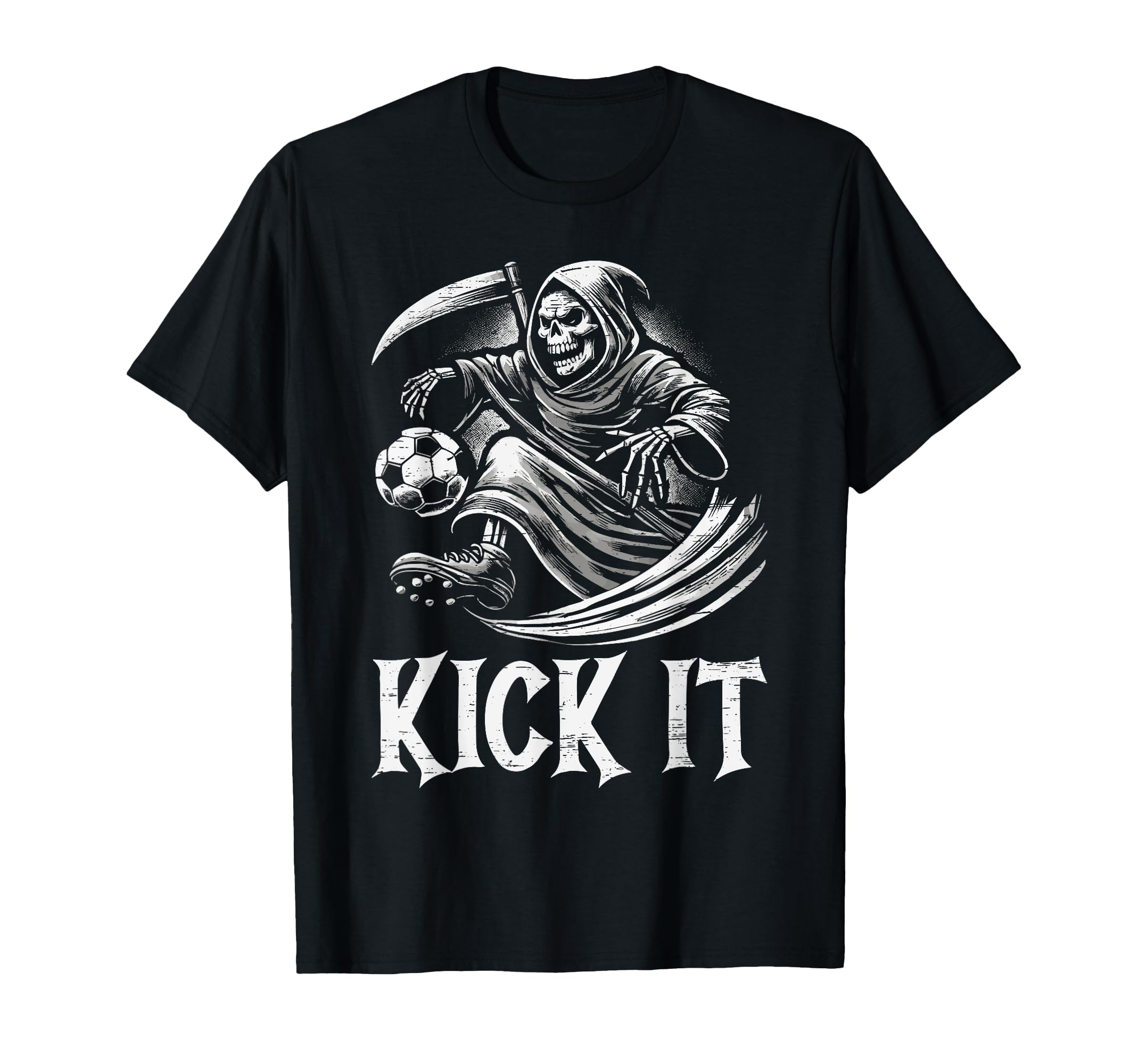 Kick It Grim Reaper Playing Soccer T-Shirt - Novelty Apparel for Adults - T-Shirt, Sweatshirt, Hoodie