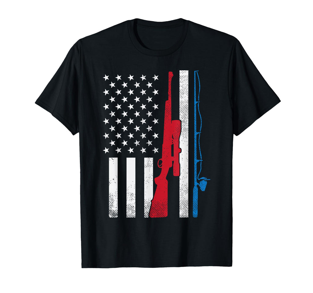Fishing Rod Hunting Rifle America Flag T-Shirt - Aesthetic Graphic Unisex - T-Shirt, Sweatshirt, Hoodie