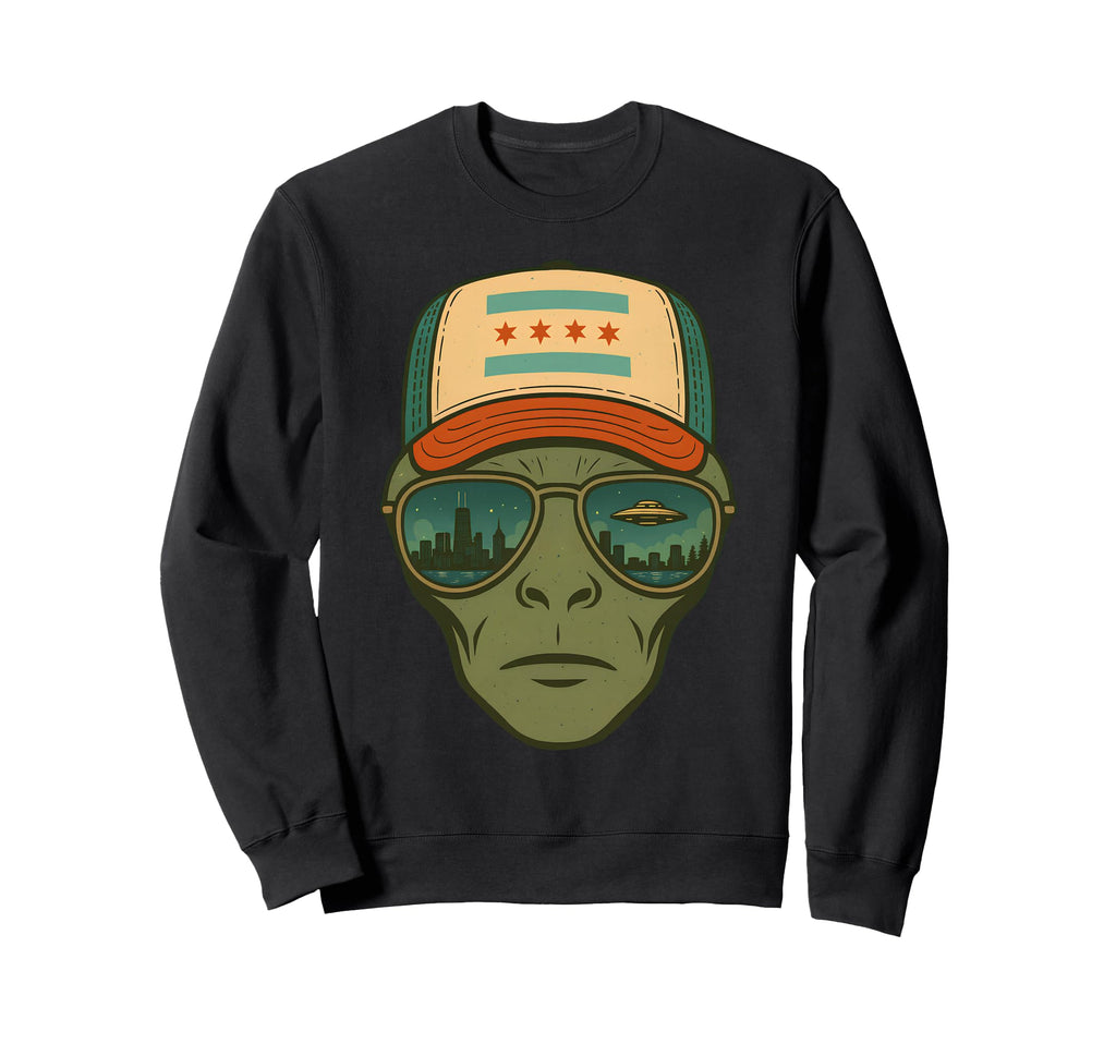 Chicago Skyline Reflection Alien Sweatshirt - Minimalist Print for Adults - T-Shirt, Sweatshirt, Hoodie