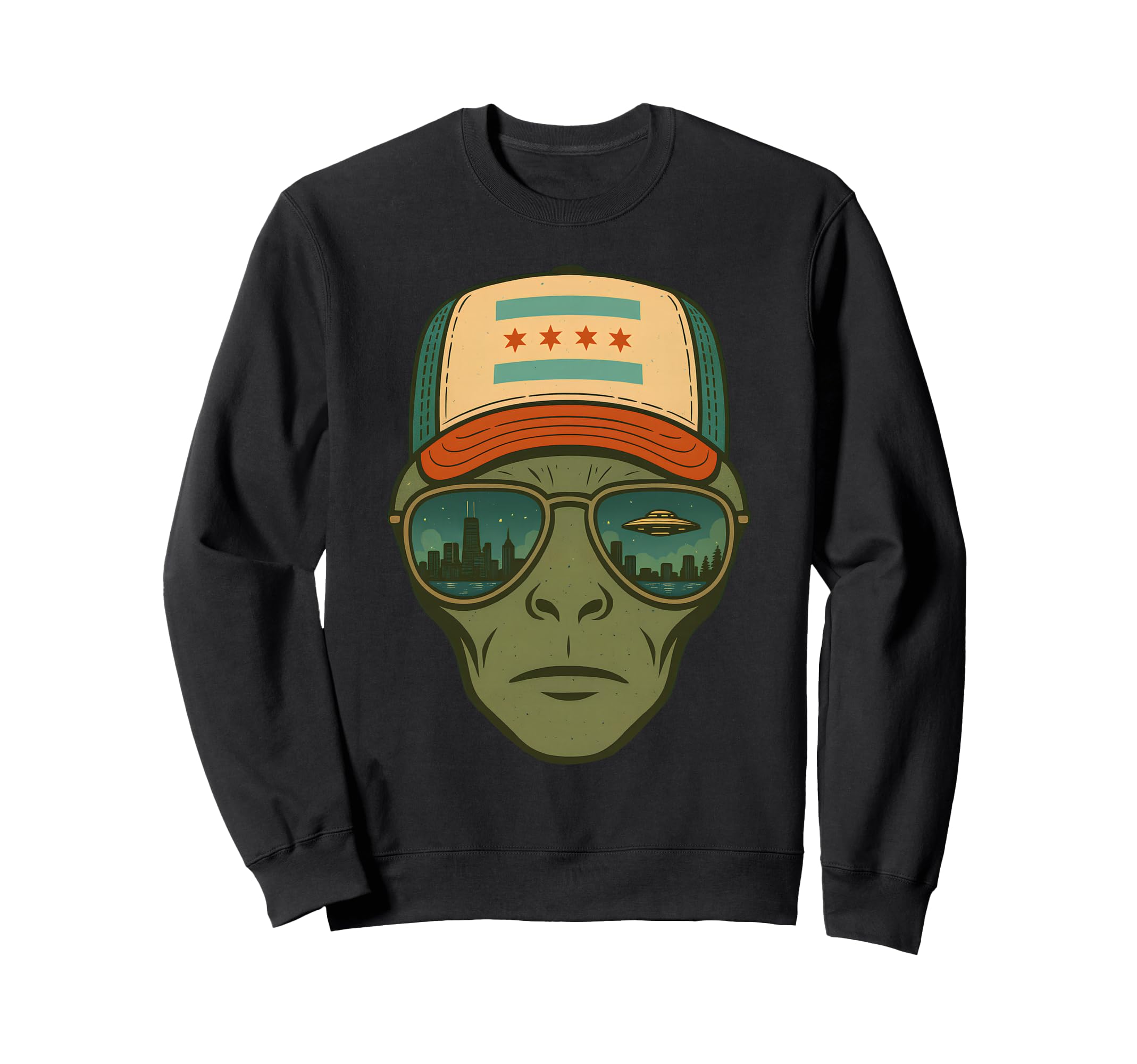 Chicago Skyline Reflection Alien Sweatshirt - Minimalist Print for Adults - T-Shirt, Sweatshirt, Hoodie