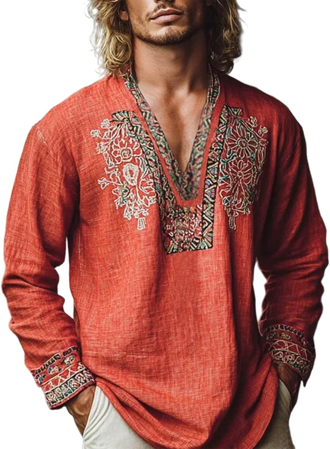 Men's Henley African Print Embroidered Gauze Casual V - Adult & Kids T-Shirts, Sweatshirts & Hoodies apparel design preview 1