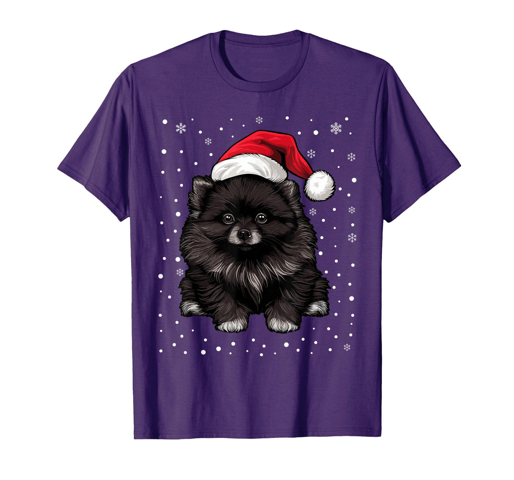 Black Pomeranian Dog Santa Hat T-Shirt - Aesthetic Graphic for Adults - T-Shirt, Sweatshirt, Hoodie