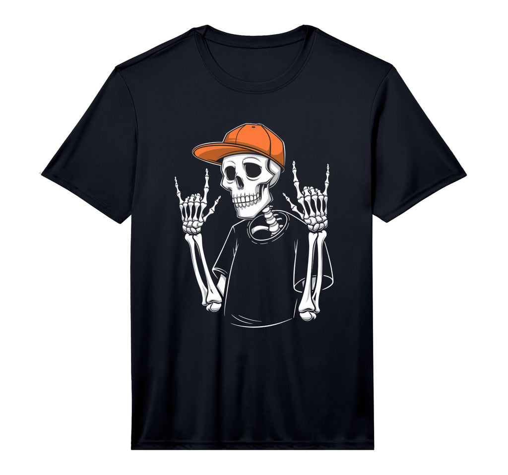 Skeleton Rocking Orange Hat Funny T-Shirt - Novelty Apparel for Adults - T-Shirt, Sweatshirt, Hoodie