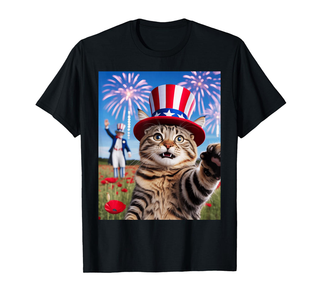4Th July Cat Hat Fireworks T-Shirt - Unique Graphic for Adults - T-Shirt, Sweatshirt, Hoodie