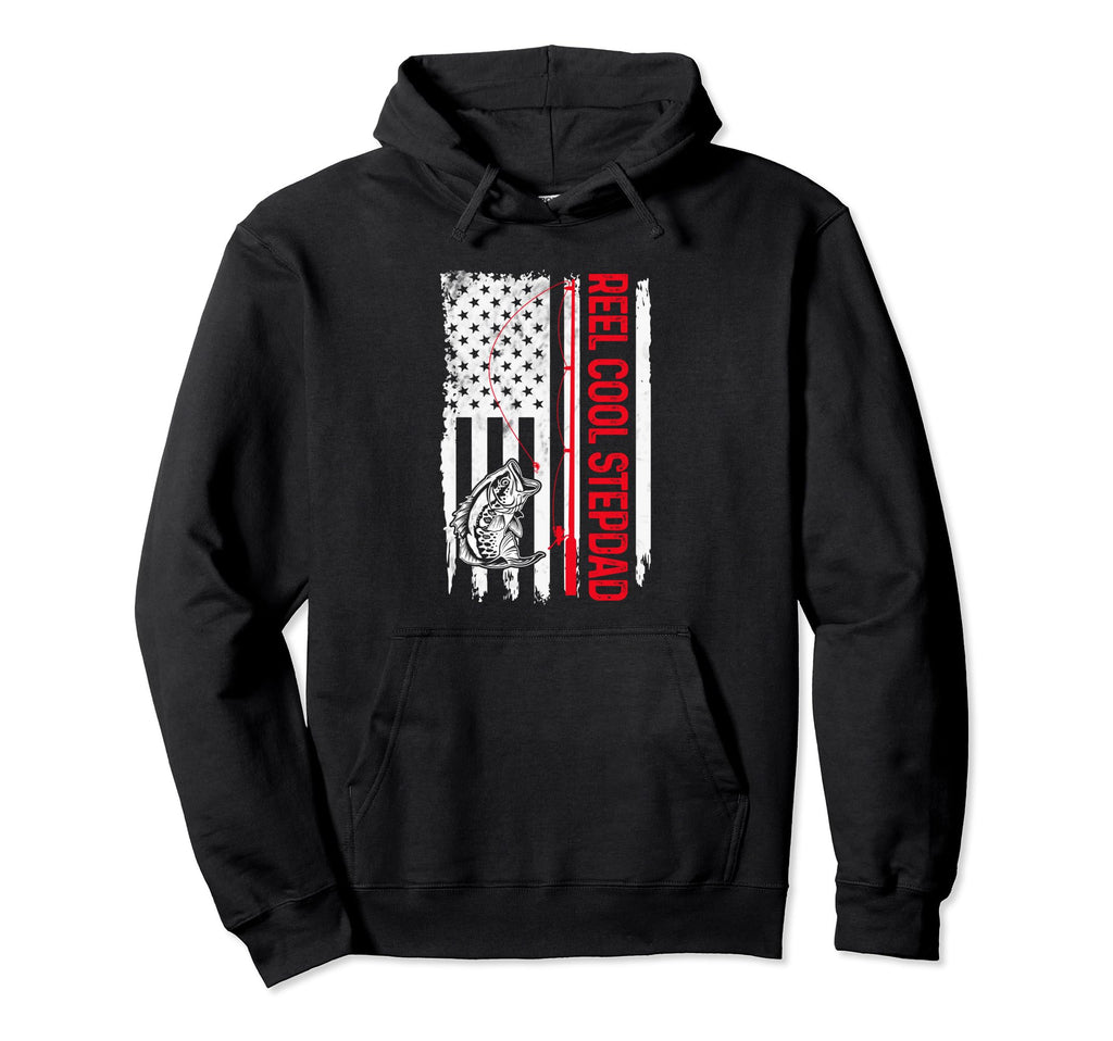 Mens Reel Stepdad Fishing American Flag Hoodie - Trendy Graphic Unisex - T-Shirt, Sweatshirt, Hoodie