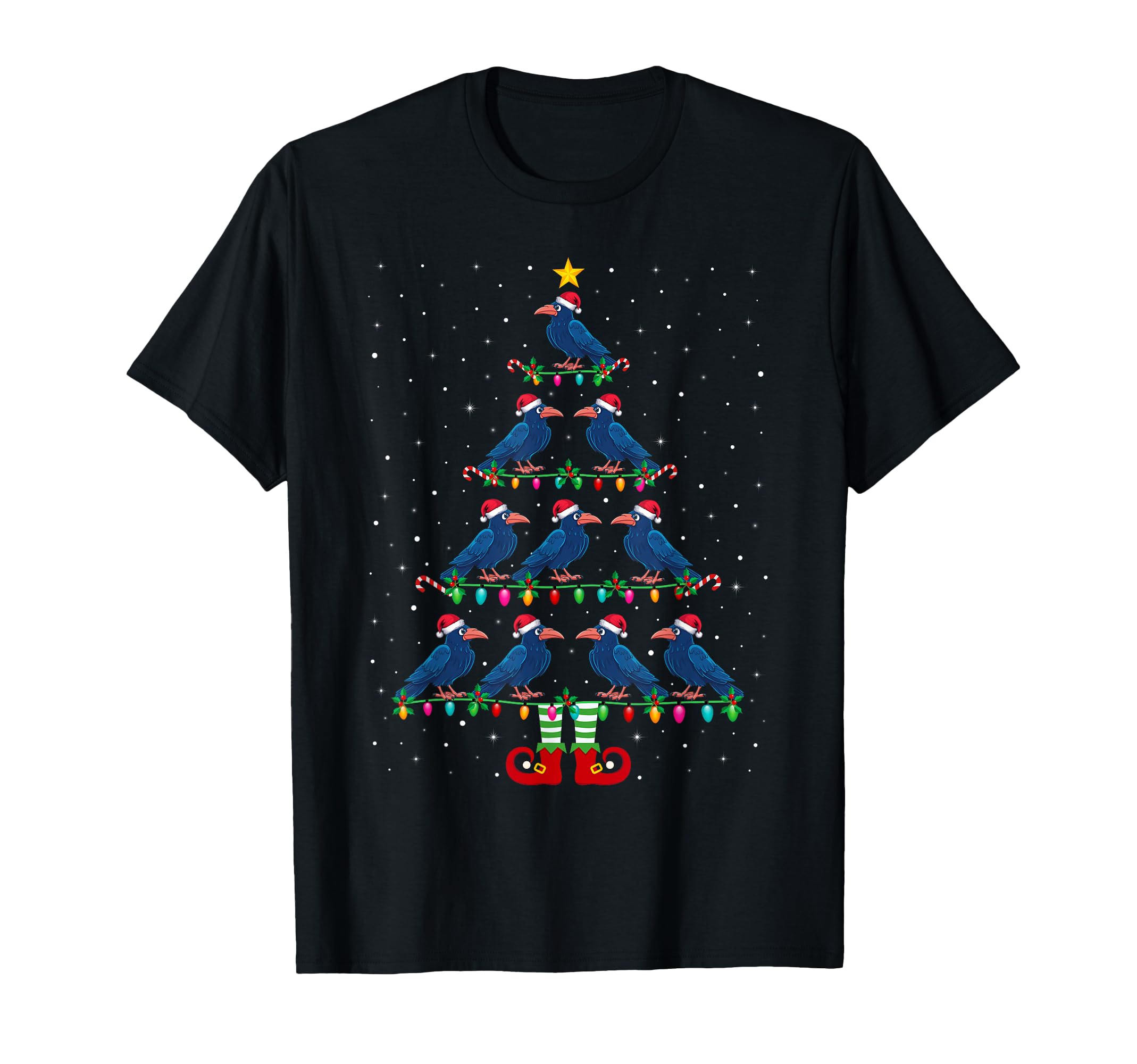 Tree Lights Santa Hat Elf Crow Tree T-Shirt - Graphic Print for Adults - T-Shirt, Sweatshirt, Hoodie