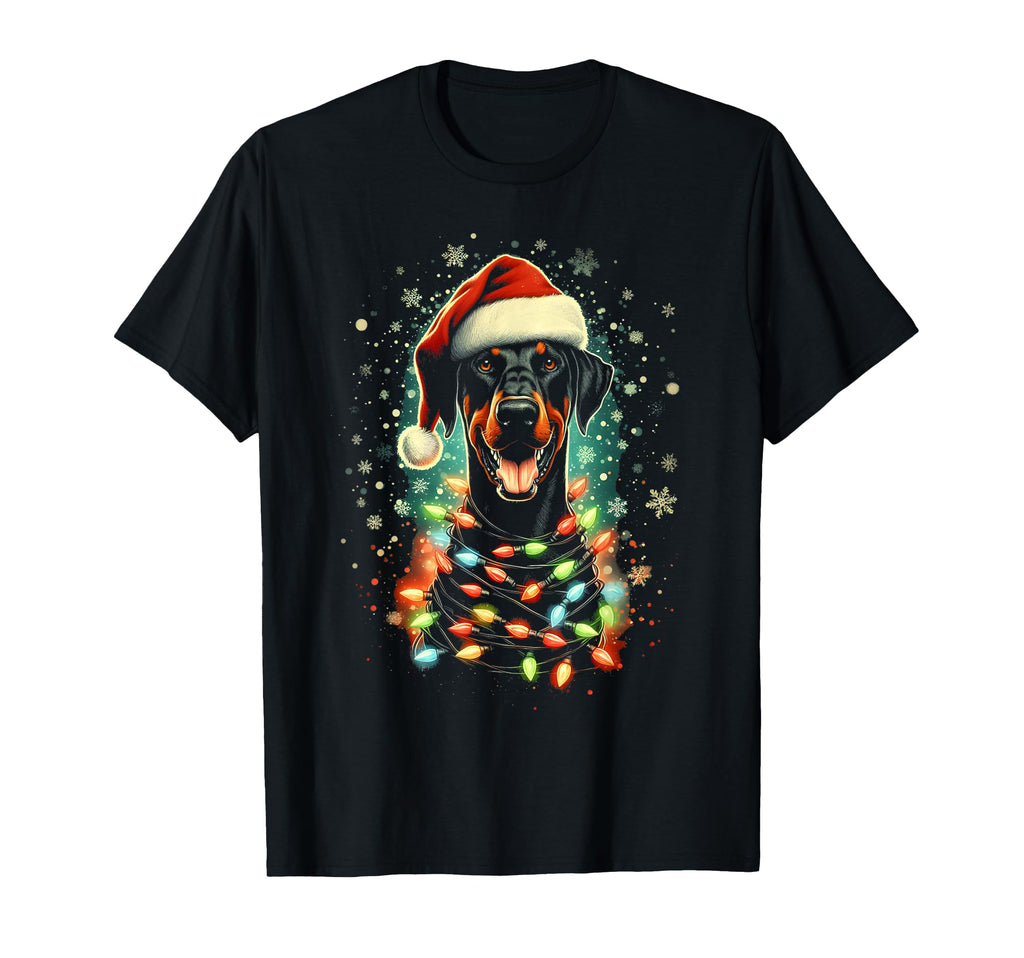Pinscher Doberman Dog Santa Hat Lights T-Shirt - Trendy Graphic Men Women - T-Shirt, Sweatshirt, Hoodie