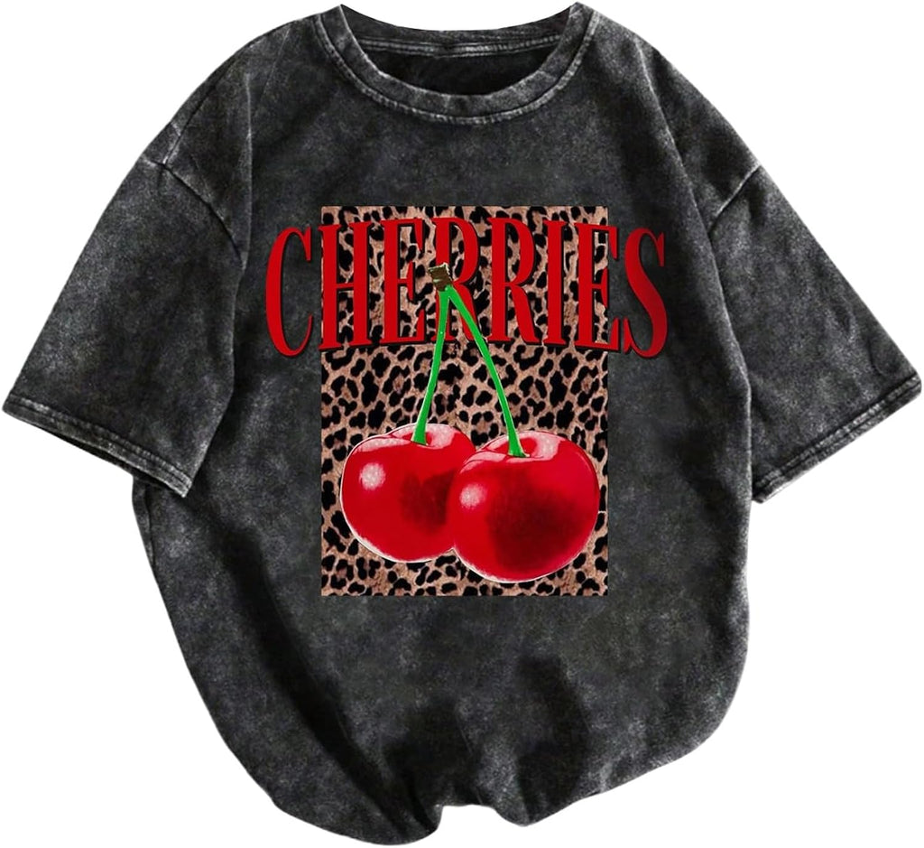 Women's Washed Short Sleeve Leopard Cherry Graphic - Adult & Kids T-Shirts, Sweatshirts & Hoodies apparel design preview 1