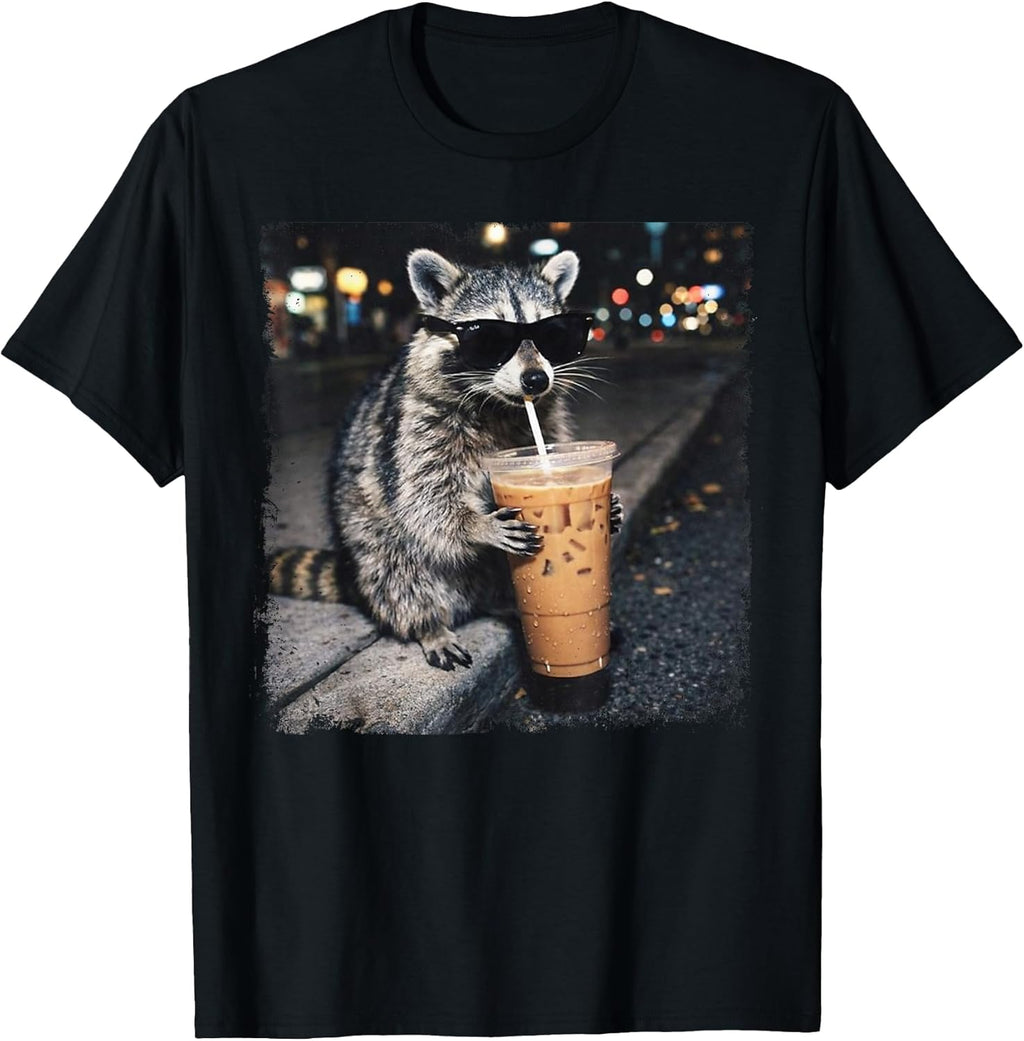 Funny Raccoon Drinking Iced Coffee Animal Meme - Adult & Kids T-Shirts, Sweatshirts & Hoodies apparel design preview 1