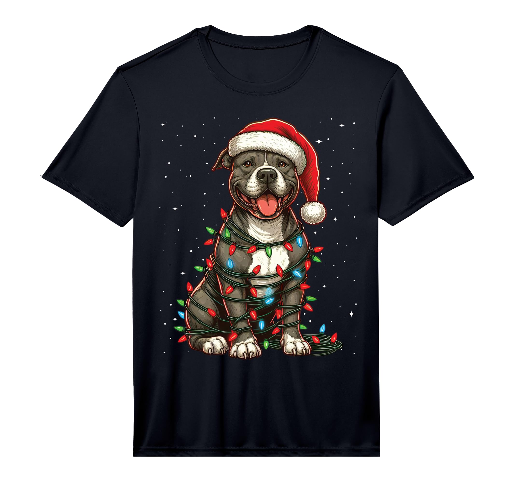 Pit Bull Dog Lights Santa Hat Snow T-Shirt - Novelty Apparel Men Women - T-Shirt, Sweatshirt, Hoodie