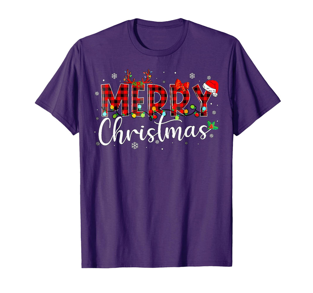 Merry Buffalo Plaid Red Santa Hat Pajamas T-Shirt - Graphic Print Unisex - T-Shirt, Sweatshirt, Hoodie