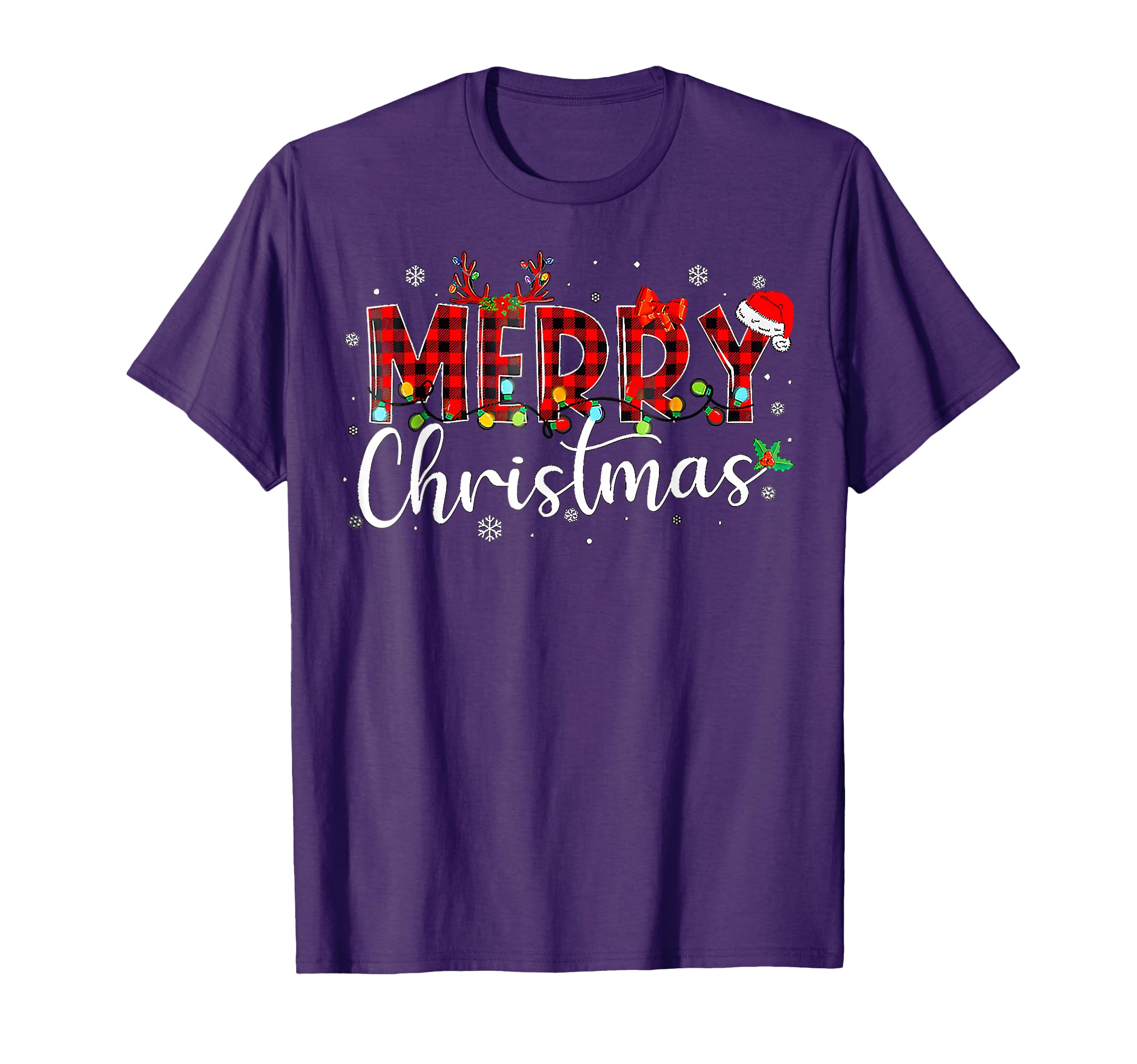 Merry Buffalo Plaid Red Santa Hat Pajamas T-Shirt - Graphic Print Unisex - T-Shirt, Sweatshirt, Hoodie
