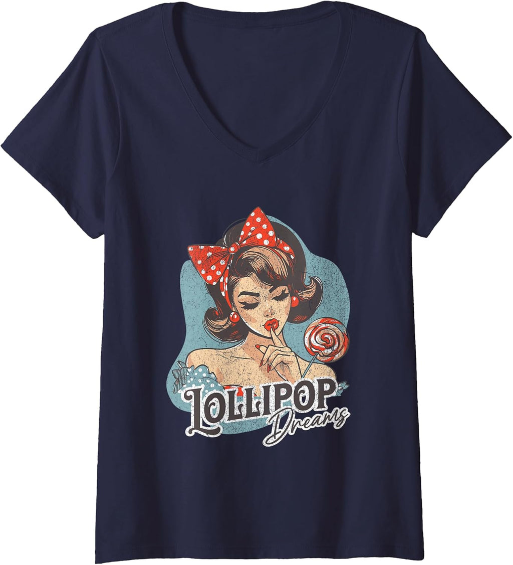 Women's Lollipop Dreams Retro Girl Pop Art V-Neck - Adult & Kids T-Shirts, Sweatshirts & Hoodies apparel design preview 1
