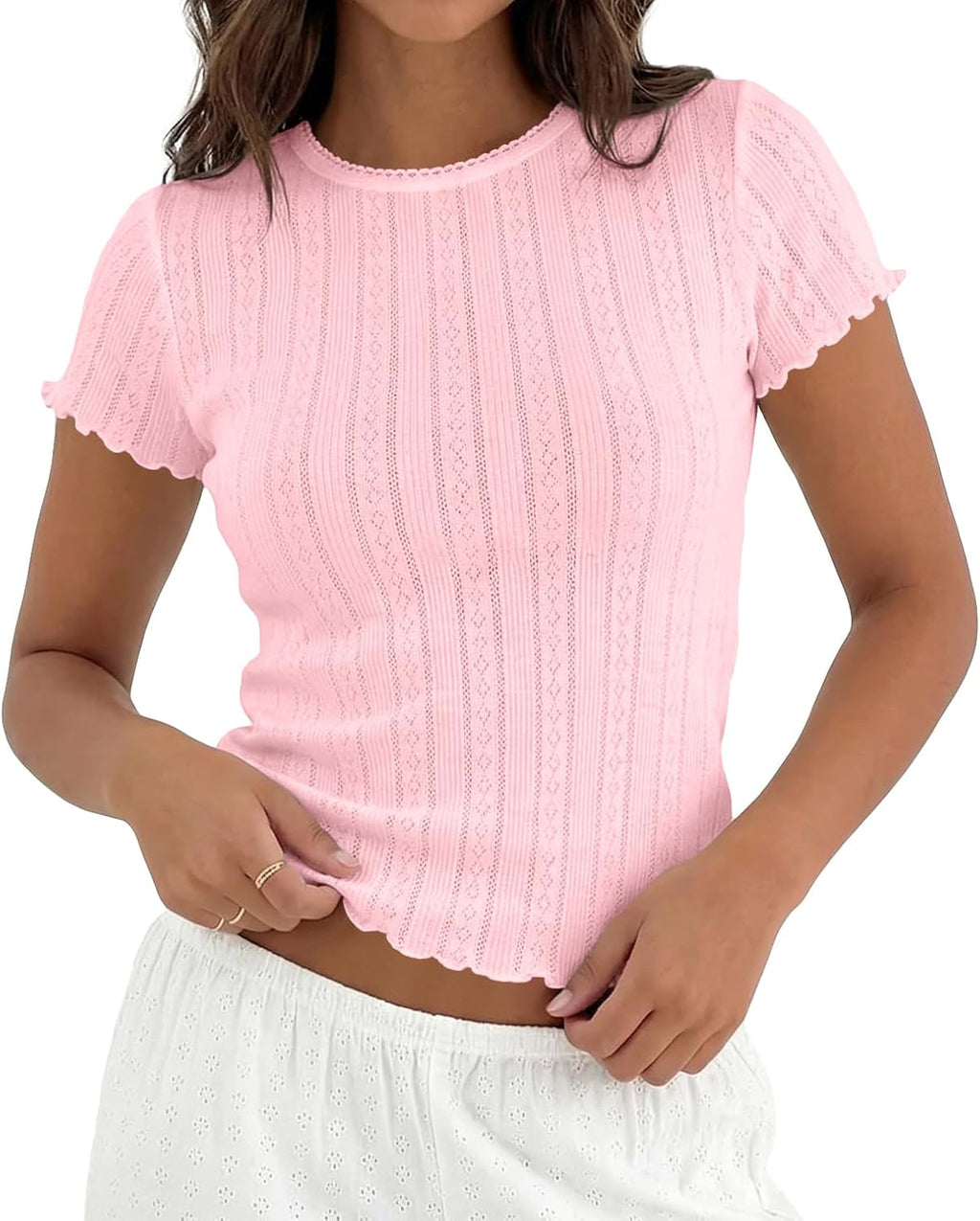 Womens Y2k Aesthetic Picot Crew Neck Pointelle Crop - Adult & Kids T-Shirts, Sweatshirts & Hoodies apparel design preview 1