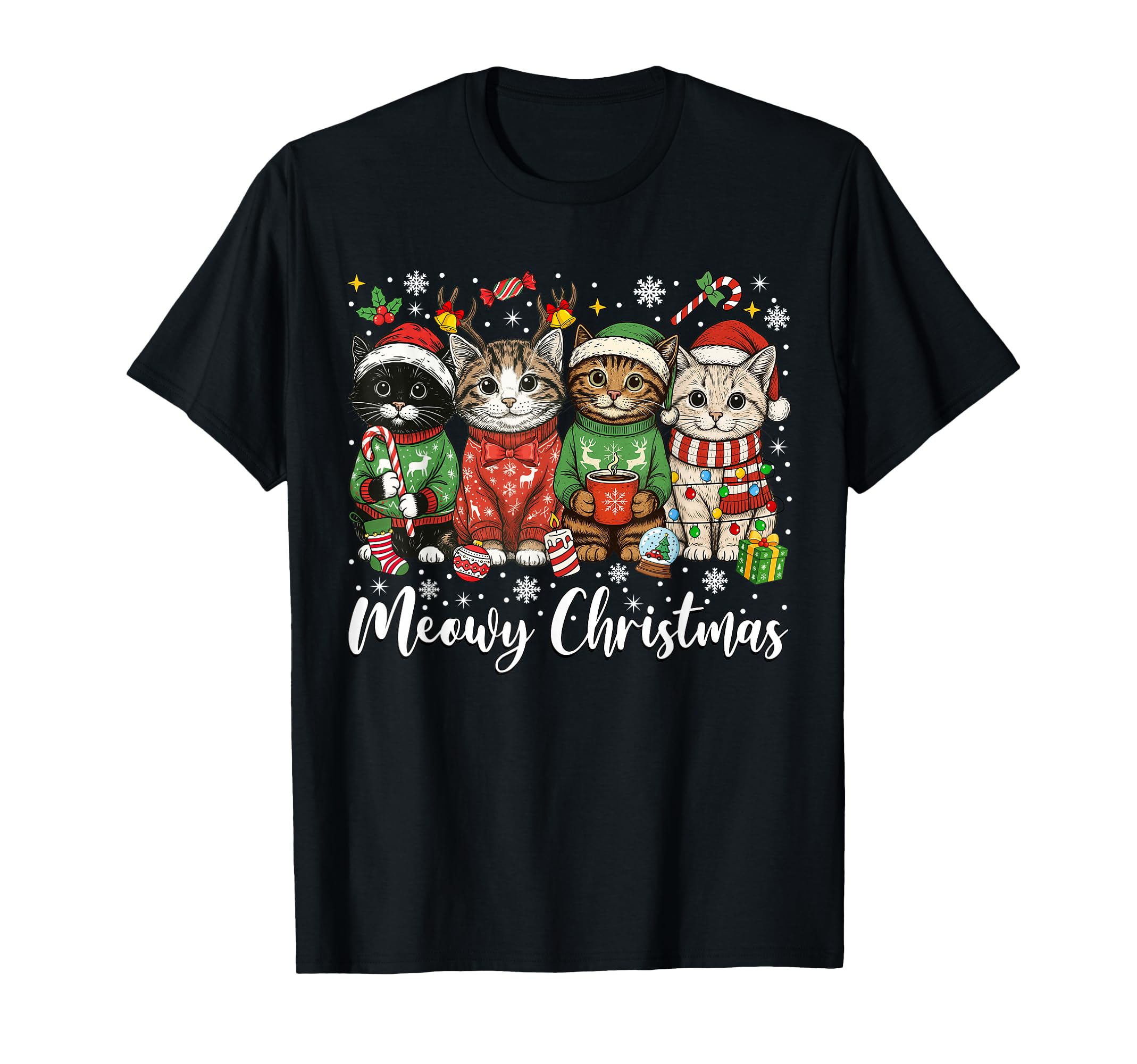 Cats Meowy Light Santa Hat Merry Catmas T-Shirt - Trendy Graphic for Adults - T-Shirt, Sweatshirt, Hoodie