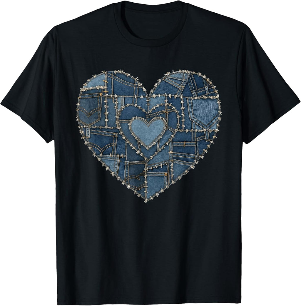 Grunge Heart Aesthetic Blue Denim Patchwork Graphic - Adult & Kids T-Shirts, Sweatshirts & Hoodies apparel design preview 1