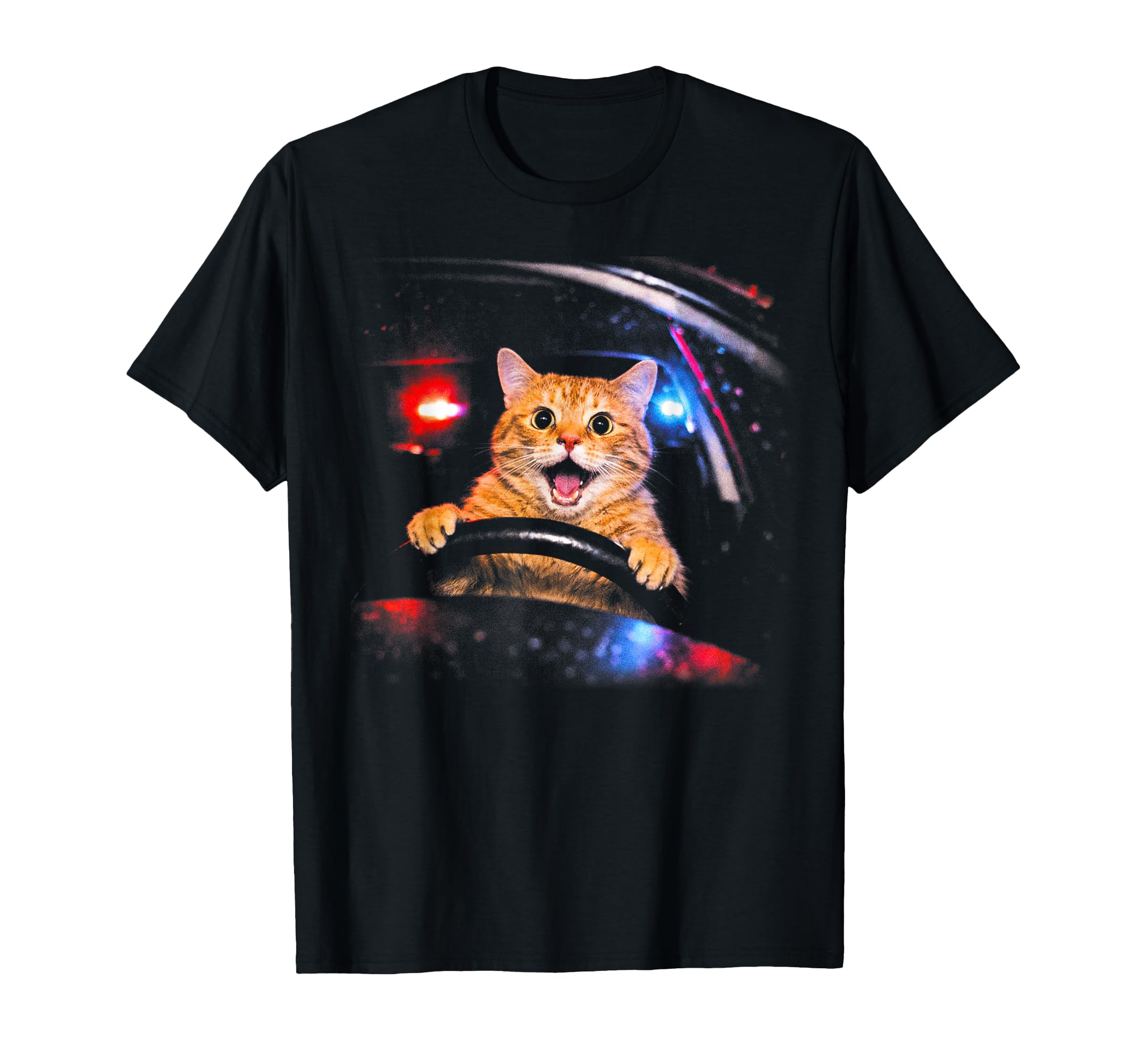 Funny Cat Driving Car Police Lights T-Shirt - Minimalist Print Unisex - T-Shirt, Sweatshirt, Hoodie