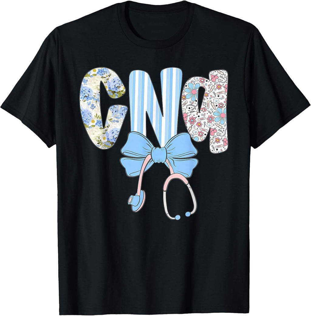 Coquette CNA Nurse Blue Floral Stethoscope Bow Cute - Adult & Kids T-Shirts, Sweatshirts & Hoodies apparel design preview 1