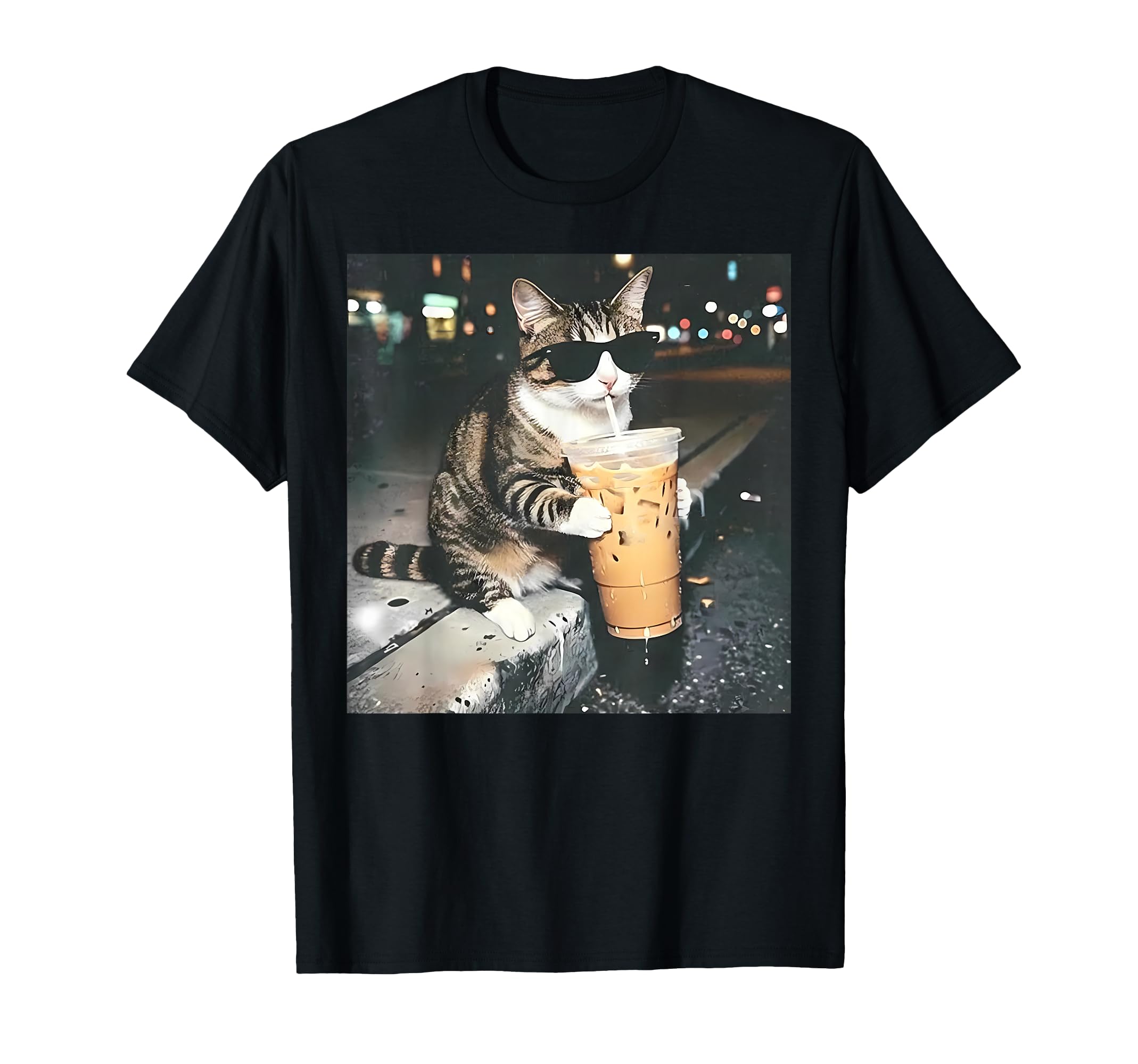 Funny Cat Drinking Iced Coffee Funny T-Shirt - Novelty Apparel Men Women - T-Shirt, Sweatshirt, Hoodie