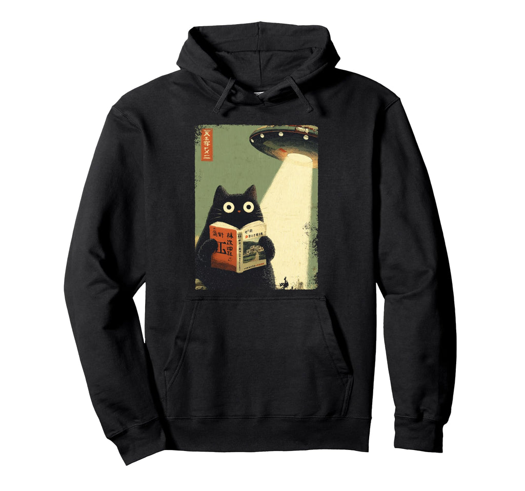Japanese Cat Book Lovers Ufo Alien Hoodie - Graphic Print Men Women - T-Shirt, Sweatshirt, Hoodie