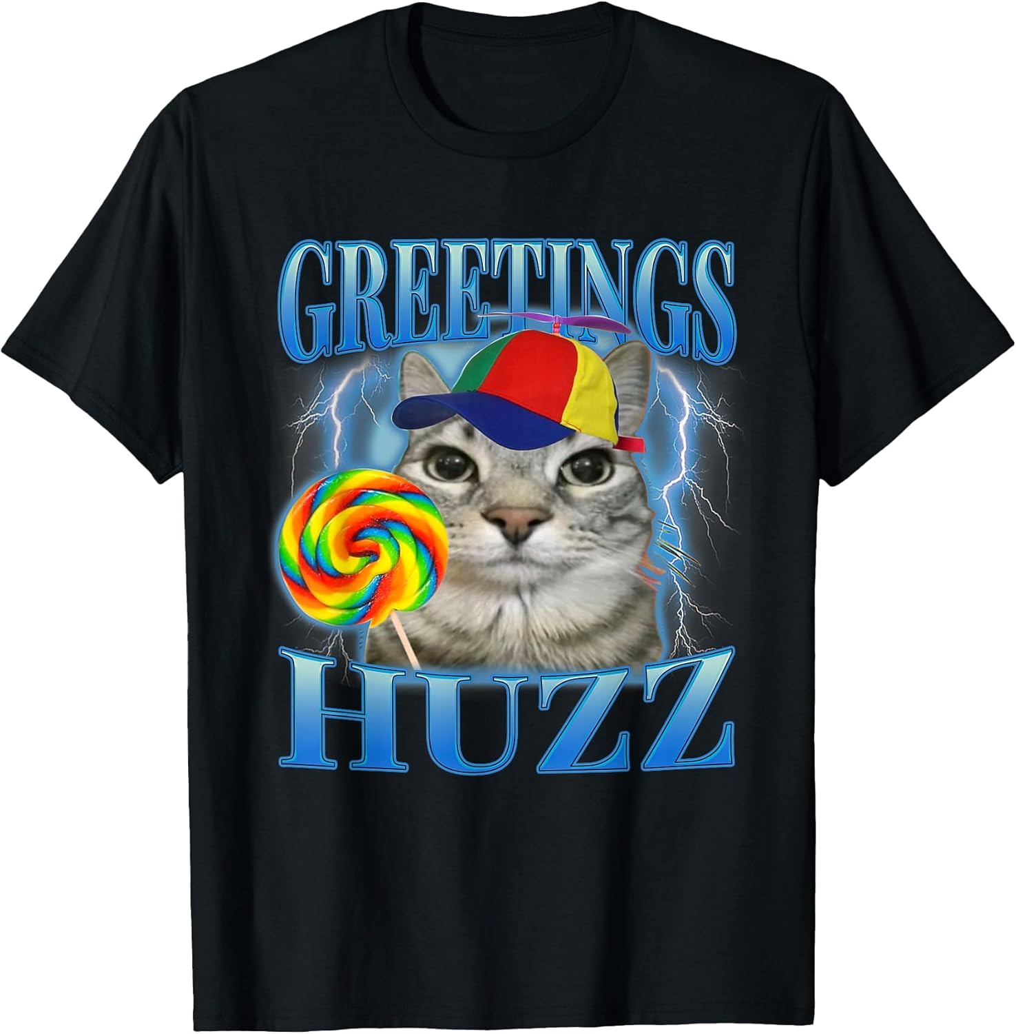Lollipop Cat Meme Greetings Huzz Funny Silly Cats - Adult & Kids T-Shirts, Sweatshirts & Hoodies apparel design preview 1