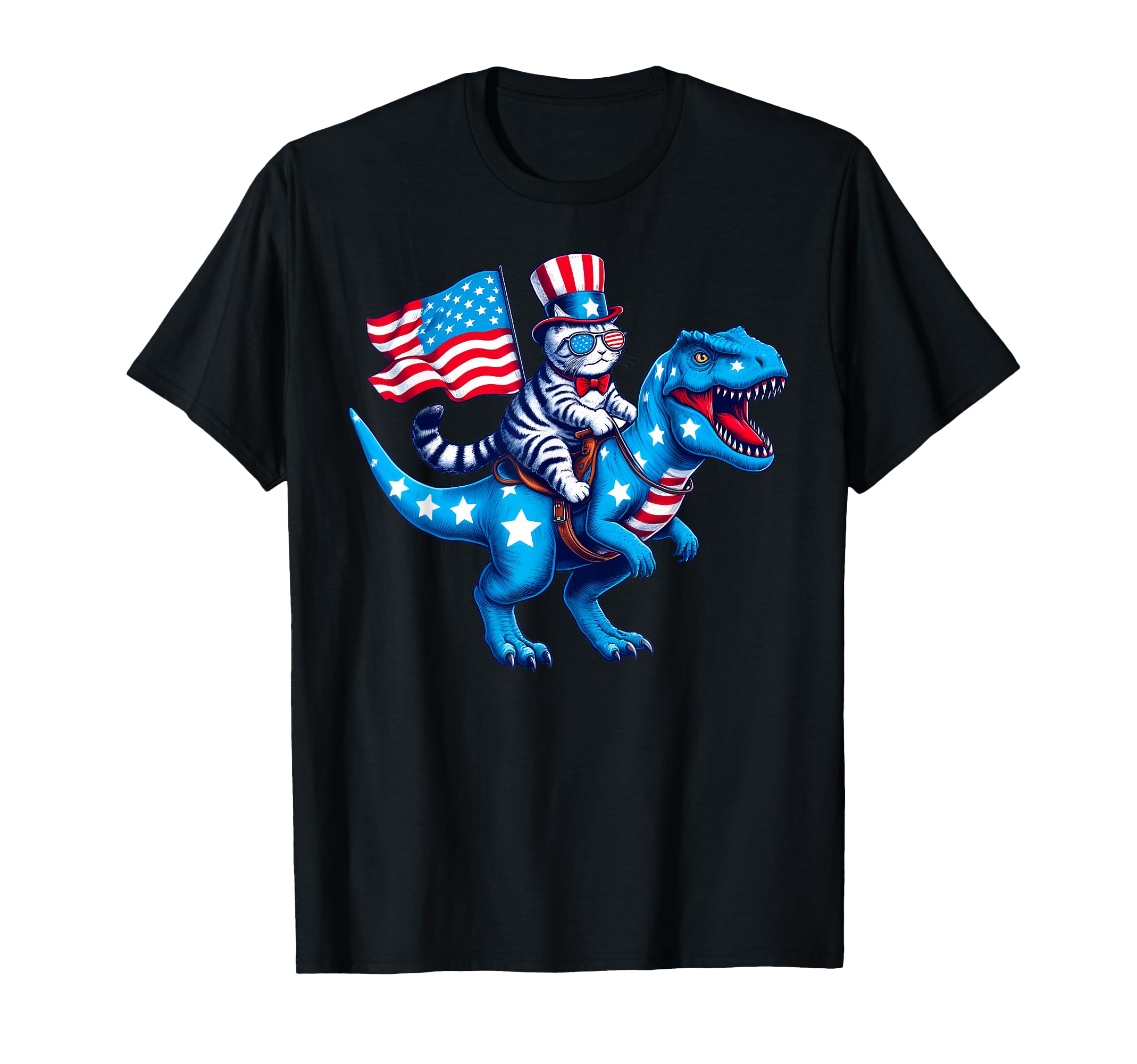 Cat Riding Dinosaur 4Th July Cat Mom T-Shirt - Streetwear Style Men Women - T-Shirt, Sweatshirt, Hoodie