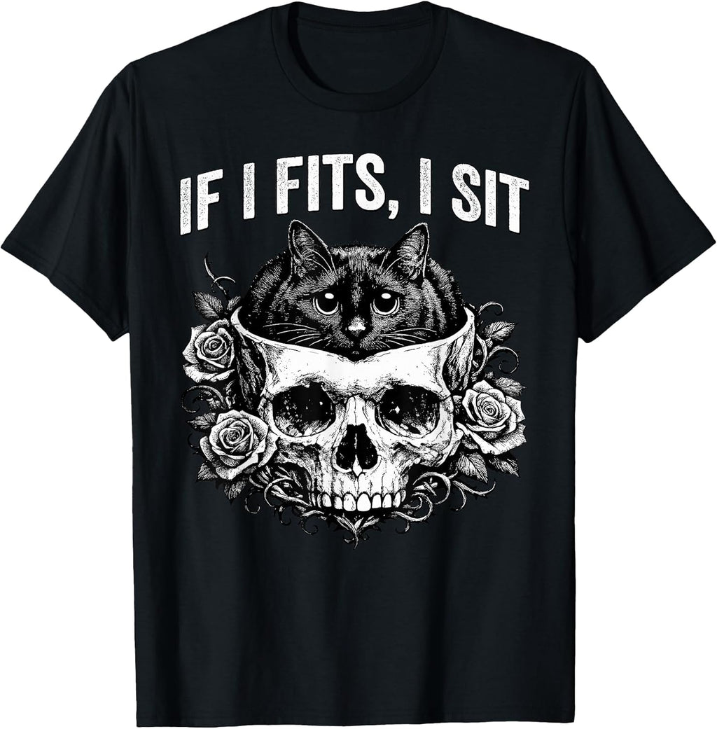 Gothic Black Cat Skull Minimalist Humor If I Fits Sit - Adult & Kids T-Shirts, Sweatshirts & Hoodies apparel design preview 1