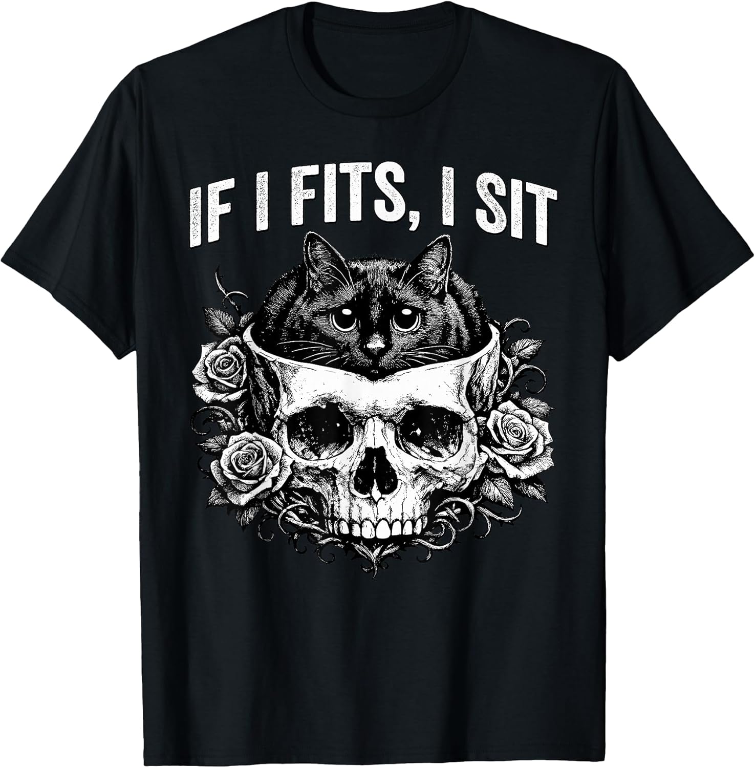 Gothic Black Cat Skull Minimalist Humor If I Fits Sit - Adult & Kids T-Shirts, Sweatshirts & Hoodies apparel design preview 1