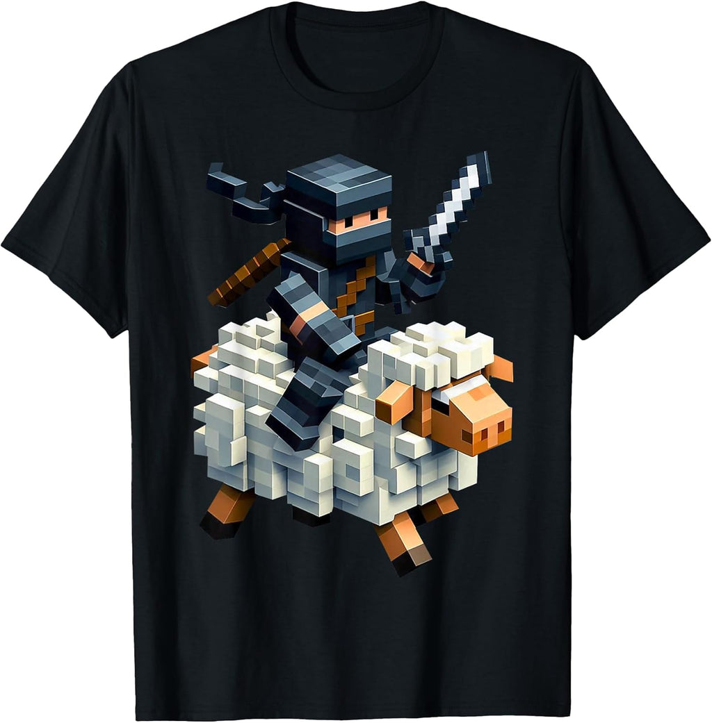 Ninja Riding Sheep Block Style Character Pixel Art - Adult & Kids T-Shirts, Sweatshirts & Hoodies apparel design preview 1