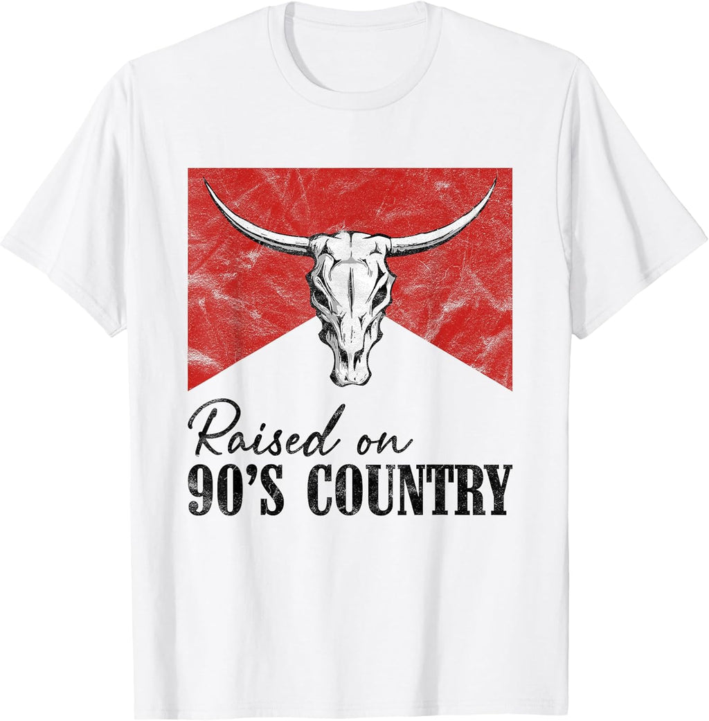 Vintage Western Bull Skull Raised On 90's Country - Adult & Kids T-Shirts, Sweatshirts & Hoodies apparel design preview 1