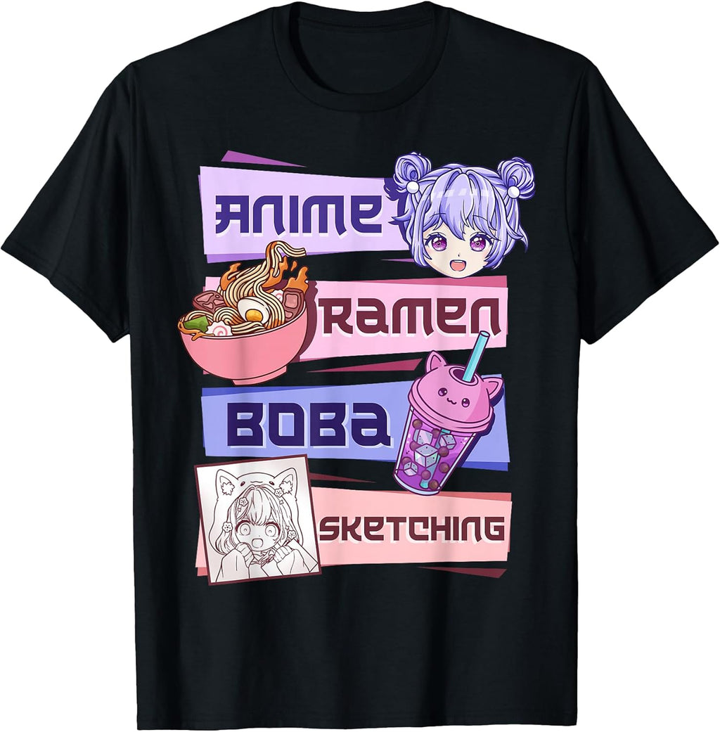 Anime Girl Ramen Boba Tea Bubble Sketching - Adult & Kids T-Shirts, Sweatshirts & Hoodies apparel design preview 1