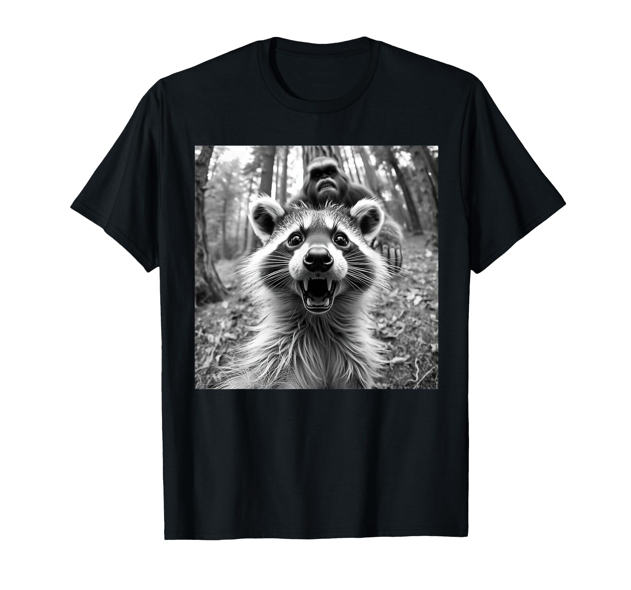 Funny Raccoon Selfie W Bigfoot Raccoon T-Shirt - Graphic Print Unisex - T-Shirt, Sweatshirt, Hoodie