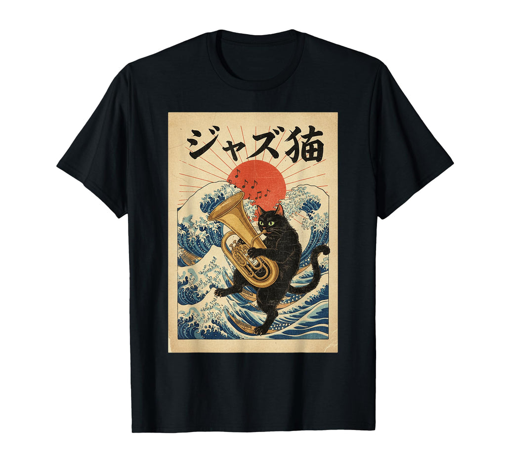 Funny Cat Playing Tuba Jazz Musician T-Shirt - Minimalist Print Unisex - T-Shirt, Sweatshirt, Hoodie