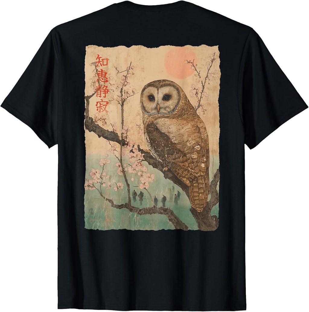 Wise Owl and Cherry Blossoms Japanese Woodblock Art - Adult & Kids T-Shirts, Sweatshirts & Hoodies apparel design preview 1