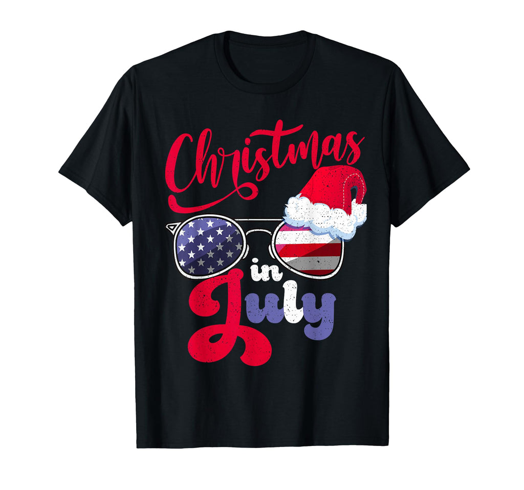 July Usa Americain Sunglasses Santa Hat T-Shirt - Aesthetic Graphic Unisex - T-Shirt, Sweatshirt, Hoodie