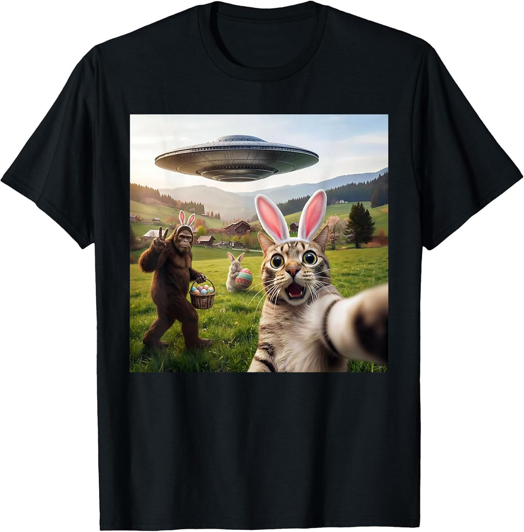 Funny Cat Selfie with Easter Bunny Bigfoot UFO for - Adult & Kids T-Shirts, Sweatshirts & Hoodies apparel design preview 1