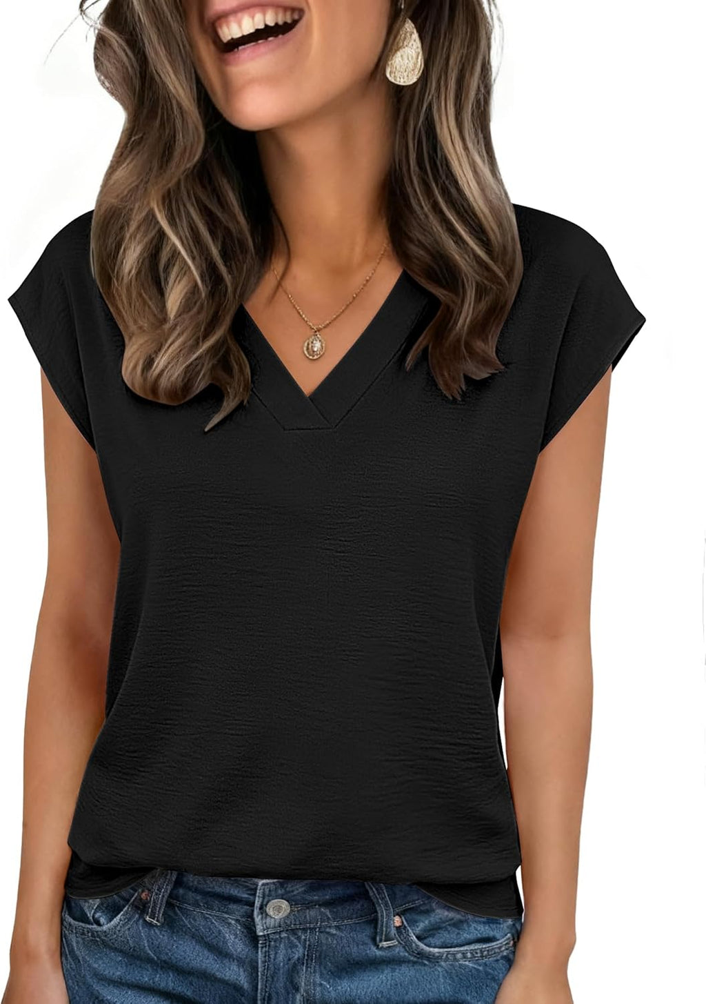 Womens Tops Cap Short Sleeve Textured Blouse V Neck - Adult & Kids T-Shirts, Sweatshirts & Hoodies apparel design preview 1